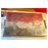 Vintage hammered aluminum large serving tray with pine cones, marked everlast metal