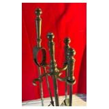 Vintage brass fireplace tool set, urn-style finials with matching stand