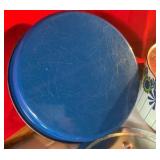 Vintage retro blue and white daisy tin cake container