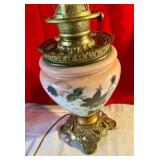 Vintage electrified glass hurricane lamp hand painted floral rose