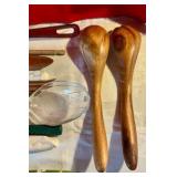 Vintage wooden salad forks and spoons and various utensils monkey pod