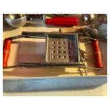 Vintage group of various kitchen utensil, red wood bakelite handled