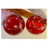 2 vintage cranberry etched glass pedestal rose bowl with scalloped rim