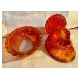 Pair glass hens on a nest, amber & red/orange amberina candy dishes