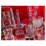 Group vintage clear glass brides basket, EAPG and other misc. etched glass items