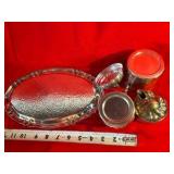 Silver tone cream & sugar set with tray and spoon