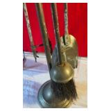 Vintage brass fireplace tool set, urn-style finials with matching stand