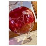 2 vintage cranberry etched glass pedestal rose bowl with scalloped rim