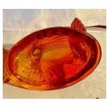 Pair glass hens on a nest, amber & red/orange amberina candy dishes