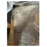 Vintage hammered aluminum large serving tray with pine cones, marked everlast metal
