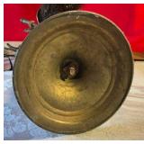Vintage brass fireplace tool set, urn-style finials with matching stand