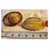 Pair glass hens on a nest, amber & red/orange amberina candy dishes