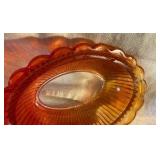 Pair glass hens on a nest, amber & red/orange amberina candy dishes