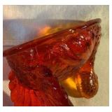 Pair glass hens on a nest, amber & red/orange amberina candy dishes
