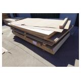 (4) 4x8 sheets 0.75 inch Rustic Maple MDF, (3) 4x8 sheets 0.75 inch White Oak MDF, (2) 4x8 sheets 0.75 inch Rustic Hickory/White particle board, (11) 4x8 sheets 0.75 inch White/White particle board