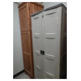 (2) Suncast storage cabinets, (1) wood linen cabinet (inventory not included)