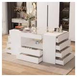 White Wood Free Standing 63 in. W Jewelry Armoire with Tempered Glass Top and 14 Drawers