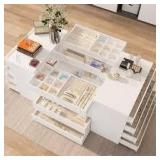 White Wood Free Standing 63 in. W Jewelry Armoire with Tempered Glass Top and 14 Drawers