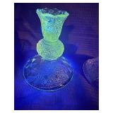 Set of vintage Fenton glass daisy and button candlestick holders. GLOWS