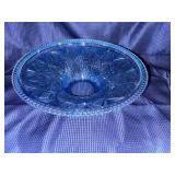 Windsor button & can blue pressed glass bowl glows