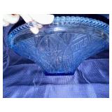 Windsor button & can blue pressed glass bowl glows