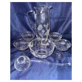 Etched flower clear glass pitcher and glass set GLOWS
