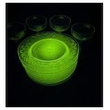 Lot of plates and glass that GLOW green