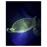 Set of 3 fostoria American glass pieces GLOWS