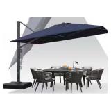 ^Purple Leaf 10 ft. x 13 ft. Large Windproof Aluminum Outdoor Cantilever offset 360  Rotation Patio Umbrella with Base, Navy Blue MSRP $714