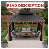 ^PURPLE LEAF 10 ft.x 12ft.Wood Grain Luxury Aluminum Frame Patio Outdoor Hardtop Gazebo for Backyard,Hooks, Upgraded Netting 24-Lights Msrp $1,468.00 read description