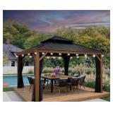 ^PURPLE LEAF 10 ft.x 12ft.Wood Grain Luxury Aluminum Frame Patio Outdoor Hardtop Gazebo for Backyard,Hooks, Upgraded Netting 24-Lights Msrp $1,468.00 read description