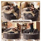 ^Allwex MIU 59 in. Modern Wide Square Arm Plush Corduroy Round Sofa Chair Lounge Chaise Sleeper Bed with Pillows in. Gray Msrp $454.99