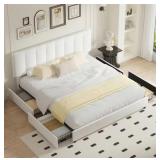 ^VECELO Upholstered Bed, White Metal Frame King Platform Bed with 4-Storage Drawers and Adjustable Headboard Bed Frame Msrp $336.99