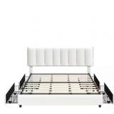 ^VECELO Upholstered Bed, White Metal Frame King Platform Bed with 4-Storage Drawers and Adjustable Headboard Bed Frame Msrp $336.99
