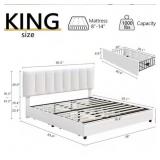 ^VECELO Upholstered Bed, White Metal Frame King Platform Bed with 4-Storage Drawers and Adjustable Headboard Bed Frame Msrp $336.99