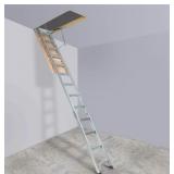 ^SKYSHALO Foldable Attic Ladder 350 Ibs. Capacity Aluminium Extension 22.5   63 in. Fits 9.5-12 ft. Ceilings Portable Access Msrp $338.99