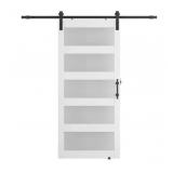 ^SOCBAZZAR 34 in. x 84 in. 5-Panel Frosted Glass White Prefinished MDF Interior Sliding Barn Door with Hardware Kit Msrp $433.00 read description
