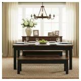 ^BYBLIGHT 3-Piece Rectangle Black and Brown Wood Top Dining Room Set Seats-4, Dining Table Set with 2-Dining Benches Msrp $236.89