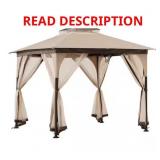 ^Sunjoy 9.5 ft.   9.5 ft. Soft Top Outdoor Steel Frame Gazebo Canopy with Double Roof and Nettting for Backyard, Beige and Brown Msrp $193.00