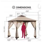 ^Sunjoy 9.5 ft.   9.5 ft. Soft Top Outdoor Steel Frame Gazebo Canopy with Double Roof and Nettting for Backyard, Beige and Brown Msrp $193.00