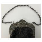 Antique Beaded Evening Clutch Purse With Ornate Cherub Hardware And Coin Purse 7 1/2" x 9" & 2 1/2" x 3"