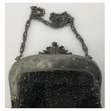 Antique Beaded Evening Clutch Purse With Ornate Cherub Hardware And Coin Purse 7 1/2" x 9" & 2 1/2" x 3"