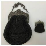 Antique Beaded Evening Clutch Purse With Ornate Cherub Hardware And Coin Purse 7 1/2" x 9" & 2 1/2" x 3"
