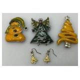 Vintage Christmas Tree Brooches And Earrings