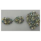 Vintage Blue Rhinestone Brooch And Earrings Set