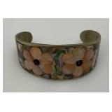 Vintage Mexican Silver, Mother Of Pearl And Abalone Floral Design Cuff bracelet (31.49) Grams overall