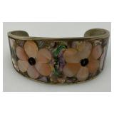 Vintage Mexican Silver, Mother Of Pearl And Abalone Floral Design Cuff bracelet (31.49) Grams overall