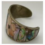 Vintage Mexican Silver, Mother Of Pearl And Abalone Floral Design Cuff bracelet (31.49) Grams overall