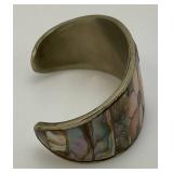 Vintage Mexican Silver, Mother Of Pearl And Abalone Floral Design Cuff bracelet (31.49) Grams overall