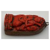 Antique Coral hand carved Buddha Pendant With Copper Backing 3/4" x 1" x 2"